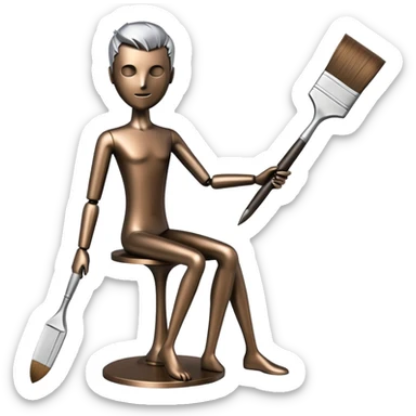 A paintbrush that transforms into a human metal silhouette sculpture, symbol of artistic identity, with a bronze or silver metallic finish sticker