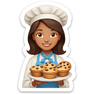 Baking community woman avatar in vibrant style illustration. Pie, cookie, and muffin warm golden tones, simple shapes, flat design, high contrast. sticker