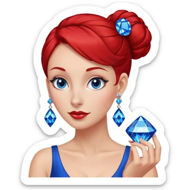 gem lover woman with gem accessories excessive amount very big gem earrings red bun hair and redbluediamonds sticker