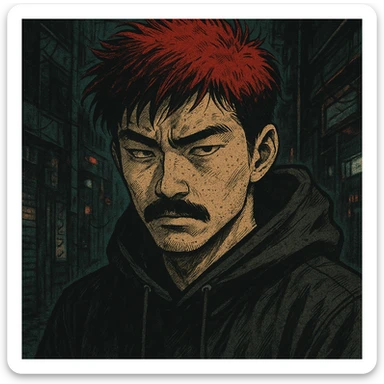 Asian man with black mustache, red hair, black hoodie, gritty cyberpunk manga style, inspired by 90s Japanese comics, moody lighting sticker