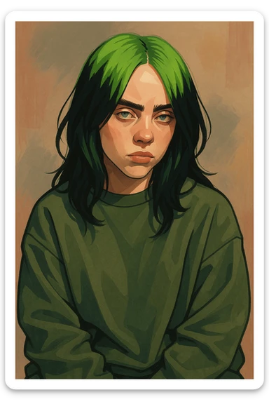 stylized portrait of Billie Eilish, pop star, green hair, oversized clothing, moody expression, modern style sticker