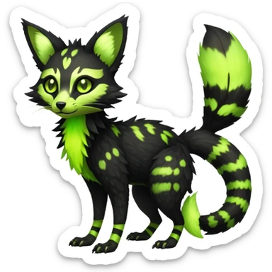 Rare realistic black edgy toxic radioactive-themed black fur with neon-lime-green-glowing  epic handsome gorgeous aesthetic vibrant Vernid-Trico-Genet-species-hybrid-Fakemon-creature by LiLaiRa, 4 legs, 1 tail, random markings, (full body) sticker