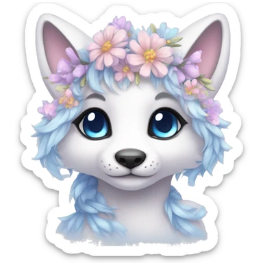 Anthro Cute Cool Pastel Kawaii gorgeous sparkly ethereal fantasy animal creature with blue eyes furry sona with flowers and ribbons beautiful aesthetic sticker