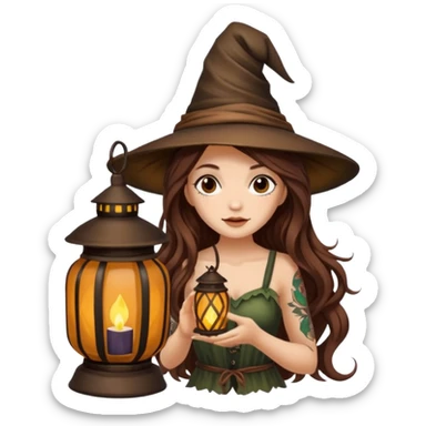 cute forest witch woman long wavy brown hair tattoos hiding inside lantern sticker