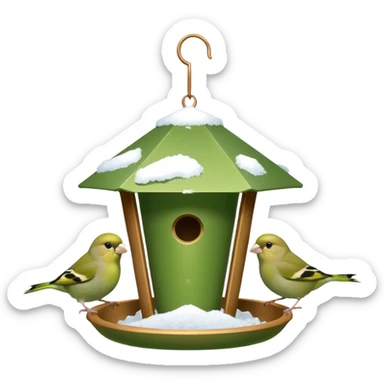 3 Green finch feeding on a bird feeder in the snow sticker