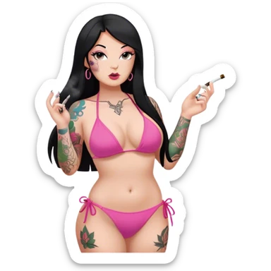 caucasian curvy body girl, with tattoos, in pink bikini, make smoke, with a long straight black hair  sticker