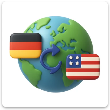 Transform this VPN globe icon into an Apple 3D emoji style with smooth gradients, soft shadows, and a realistic 3D look. Keep the connection line from Germany to the USA clear and visible. No text included. sticker