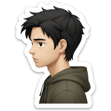 A dark anime-style illustration of a young man in side profile, facing left, with messy black hair tied loosely, sharp jawline and tired eyes. He wears an oversized dark hoodie with muted earthy tones. His expression is calm but emotionally heavy, showing silent pain and inner conflict.

 sticker