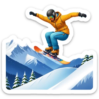An icon showing a snowboarder performing an exciting jump on a snow-covered slope. The background features towering mountains, snow-covered trees, and a bright, clear sky. Transparent background highlights the speed, agility, and thrill of snowboarding. sticker