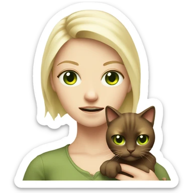 green eyed pale blonde girl holding angry brown cat indoors sticker