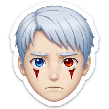 Shoto Todoroki face only, half red half white hair, heterochromia eyes one blue one gray, burn scar on left side of face, serious expression sticker