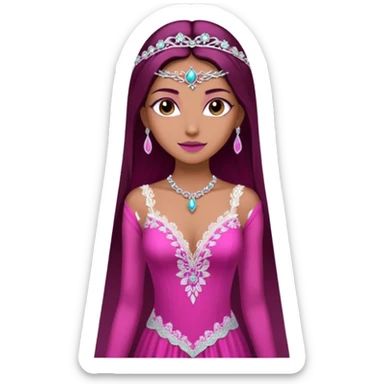 enchantress goddess wearing a embellished shimmering light powder white lace and magenta pink gown with tanned skin and super long straight dark brown hair sticker