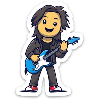 Rockstar musician with long hair, confident smile looking up, rock hand gesture, stage presence, edgy style sticker