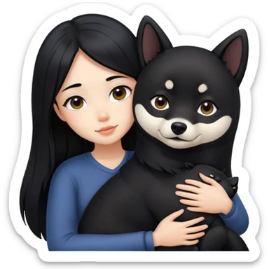 A beautiful girl with long black hair hugs a black Shiba Inu sticker