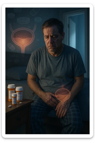 A middle-aged man sits on the edge of his bed in a dimly lit bedroom, looking exhausted and frustrated. On the nightstand beside him are several prescription pill bottles, loosely organized, some open — suggesting long-term medication use. In the background, the bathroom door glows softly, partially open, with a faint reflection of the toilet visible, indicating frequent nighttime trips. The man wears a loose T-shirt and pajama pants, his posture slightly curved as he gently touches his lower abdomen, symbolizing bladder discomfort. His eyes have dark circles, his expression is drained. The color palette is muted blues and greys, with a cinematic soft focus and ambient light highlighting emotional fatigue. A subtle overlay of pill labels and bladder imagery could be added for educational use. sticker