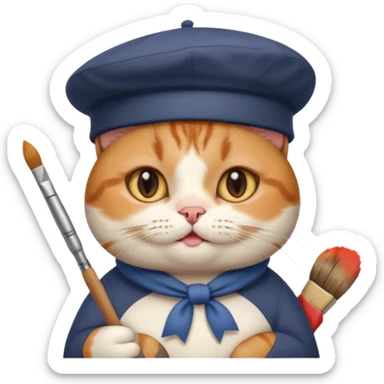 A cute chubby cat that is an artist, full body shown sticker