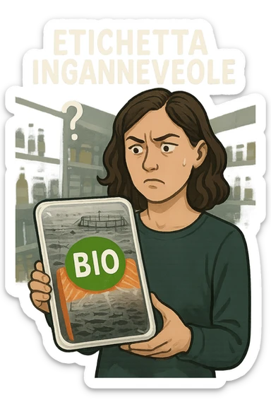Scena in un supermercato moderno: uomo o donna tiene in mano una confezione di salmone etichettata 'BIO', con un grande bollino verde. Ma in trasparenza, dietro l’etichetta, si intravede un allevamento intensivo di salmoni in gabbie marine, acqua torbida e pesci ammassati. Espressione del cliente confusa e sospettosa. Sopra la testa, testo simbolico fluttuante: 'Etichetta ingannevole'. Colori contrastanti: confezione brillante ma realtà di fondo grigia e artificiale. Stile realistico con elementi simbolici forti realistico sticker