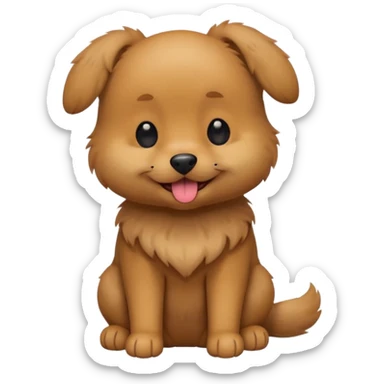 Cute small brown fluffy dog emoji icon. Round face, short muzzle, light brown fur with slightly darker ears, small black nose, happy smiling expression with tongue out. Soft friendly eyes, sitting pose with front paws together. Simple clean vector style, minimal details, kawaii style. sticker