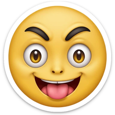A yellow round face emoji smirking with its tounge out but the eyes are evil and kind of crazy and only one of the eyebrows is raised and the other eyebrow is lower and normal sticker