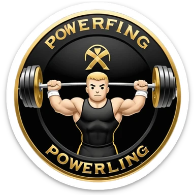 An emblem symbolizing powerlifting, featuring a bold barbell at the center, with strong, muscular arms lifting the barbell. The design is dynamic and powerful, using sharp lines and bold text. The background is minimal, ensuring the focus stays on the emblem. sticker