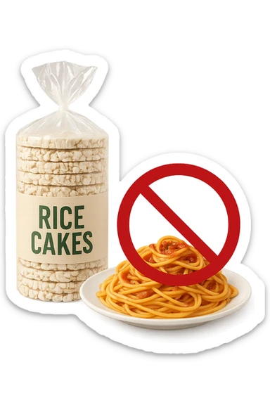 confezione di gallette di riso con accanto un piatto di pasta con divieto sopra, in italiano,  realistici sticker