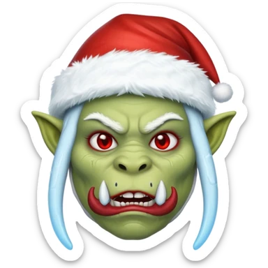 Fantasy orc emoji portrait, Santa Claus hat stretched around tusks, tusks covered with ice and crimson frost cracks, cold predator expression, winter hunt atmosphere, minimal clean emoji design, female variant
 sticker