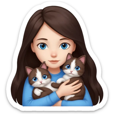 a pretty girl with long dark 
brown hair, with blue eyes, hugs 3 different natural coloured small cats sticker