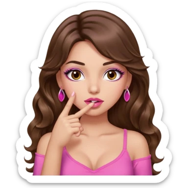 girl with long wavy brown hair, brown eyes, light to medium complexion, in a pink sexy top, pink lips, long lashes, shushing with one finger on the lips sticker