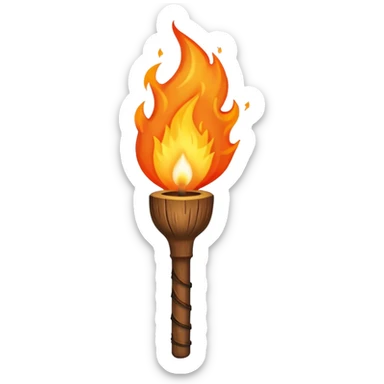 Indiana Jones-style flaming torch: worn wooden stick, bright orange flame, dark and realistic atmosphere. sticker