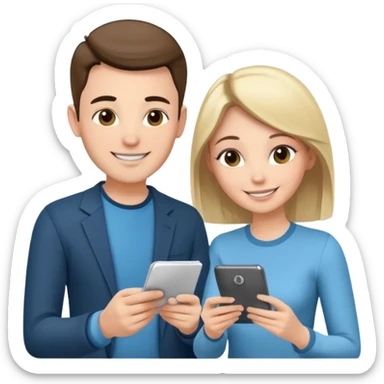 casually dressed stylish  looking husband and wife avatars reviewing their finances together  sticker