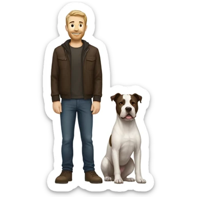white male with dark brown hair and a lightly scruffy beard shadow standing alongside a white pitbull sticker