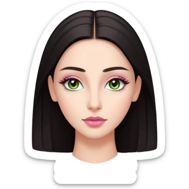 Front-facing portrait of a young woman with fair glowing skin, symmetrical features, light green almond-shaped eyes, long lashes, soft arched brows, straight refined nose, and full natural pink lips. Dark sleek hair pulled back with a middle part.  sticker