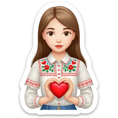 Beautiful young girl in a white Ukrainian embroidered shirt holds a large embroidered heart in her hands sticker