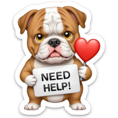 English bulldog holding a 'need help' sign, emoji style sticker