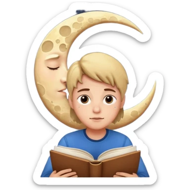 a tired person infront of a book learning with moon and stars behind sticker
