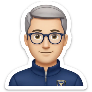Caucasian man with oval face, hair cut extremely short and tight to head (military style), short beard with gray streaks, large black eyeglasses, cheerful expression, wide body type, navy blue long sleeve sweatshirt with quarter zip sticker