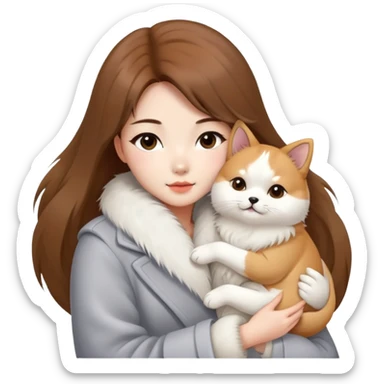 A Chinese fashion girl with brown hair, wearing a light gray fur coat, hugging a Shiba Inu and a long-haired white Persian cat. sticker