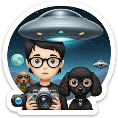 A little boy with straight black medium-length hair, white skin, and black eyes wearing black-framed glasses is taking photos on a UFO with a camera. Beside him, there is an alien and a brown round-headed poodle. sticker