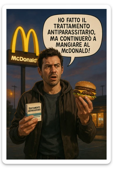 A realistic, cinematic illustration of a man in his early 30s with a confused yet stubborn expression, standing outside a McDonald's at dusk, holding a small box labeled 'Trattamento Antiparassitario' in one hand while holding a large McDonald's burger in the other. He is mid-sentence, saying 'Ho fatto il trattamento antiparassitario, ma continuerò a mangiare al McDonald!' in an expressive speech bubble. The man wears casual streetwear, and behind him, the McDonald's golden arches glow under a neon-lit sky. The mood is ironic and educational, highlighting the contradiction of doing parasite cleanses while continuing unhealthy fast-food habits. The style is realistic with slight illustrative clarity, emphasizing the message humorously while maintaining a serious undertone about lifestyle choices and health in italiano sticker
