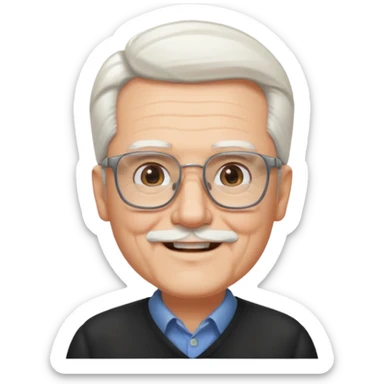 old guy, swept back white hair, blocky face, rectangle frame glasses, goatee, no moustache sticker