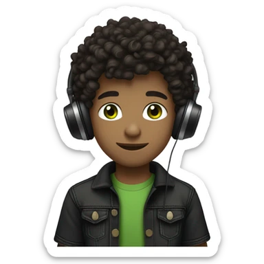 italian boy with olive tone skin with dark brown curly hair and green eyes wearing jeans and a black t shirt with headphones around the neck and black air forces sticker