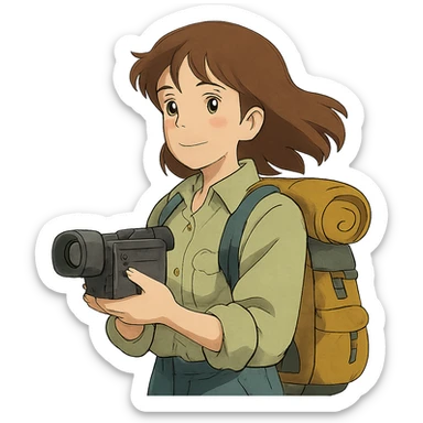 ghibli style hiking woman with brown hair holding a video camera outdoors sticker