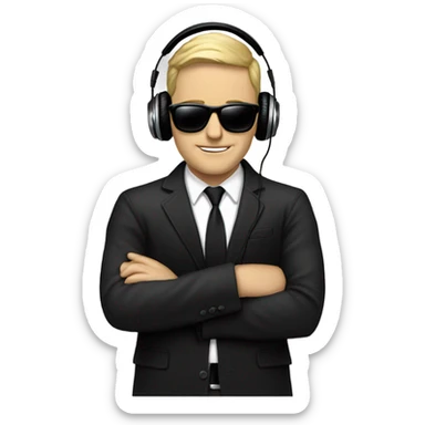 White Man with sunglasses DJ black jacket skinny tie headphones scratching records sticker