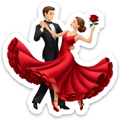 humanless Icon for Ballroom Dancing: a pair of ballroom dance shoes, a rose, a dance floor, a flowing, voluminous ballroom dress in motion, and a shining spotlight. The icon should represent the elegance and atmosphere of ballroom dancing, focusing on the attire and setting. Transparent background. sticker