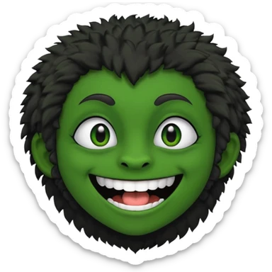 A bald person with green sclera and green teeth, grinning widely. Has fluffy black neck fur, with a fluffy black body sticker