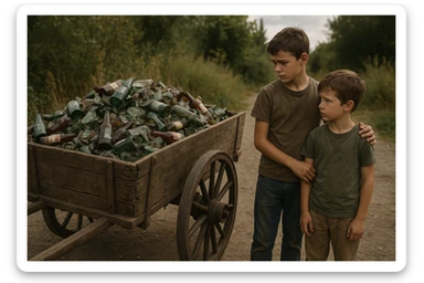 Bir g'ildiragi singan ichimliklar ortilgan arava uning yonida aka uka bir biriga havotirli nigoh bilan qarab turibdi realistik uslubda sticker