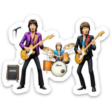 Icon for Rock Music: The Rolling Stones live on stage with Mick Jagger performing vocals, Keith Richards playing guitar, and Charlie Watts on drums. Iconic stage lights, electric guitars, and energetic crowd. Transparent background. sticker