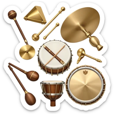Create a heraldic, festive, and professional emblem-like emoji representing percussion instruments. The design should resemble a traditional crest, featuring a range of percussion instruments like cymbals, triangle, tambourine, maracas, timpani, and other traditional and folk percussion instruments. Arrange them symmetrically, with elements like cymbals crossing each other, a triangle at the center, and timpani or drums flanking the sides. The instruments should be depicted with metallic and wooden tones—shiny brass for cymbals, silver for the triangle, and rich wood or polished bronze for drums. Include ornate details like engraved patterns on the instruments, decorative swirls or laurels, and subtle accents to add elegance and festivity to the composition. The overall design should be cohesive, balanced, and visually striking, suitable for use as a prestigious emblem. The background should be transparent. sticker