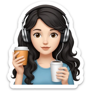 A white girl with black wavy long hair, wearing headphones on her head and holding coffee in her hand SHe has delicate facial features sticker