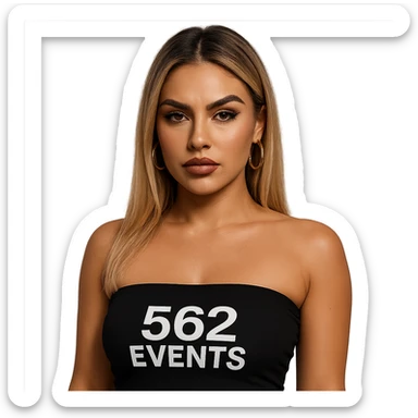 realistic baddie with blonde hair, wearing a black tube top with '562 Events' written on it sticker